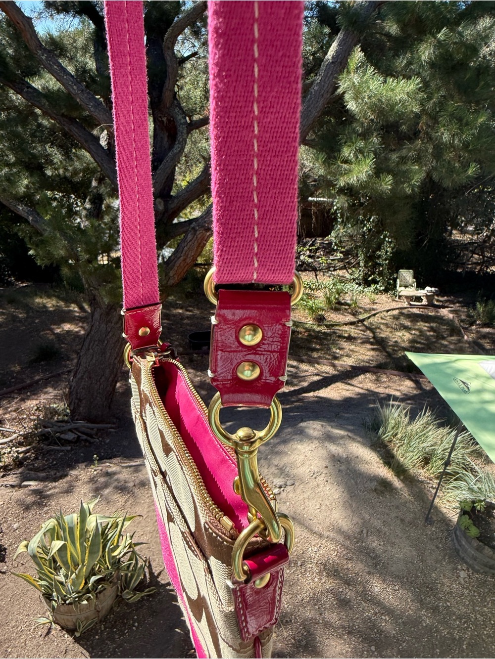 Coach Crossbody Bag #10129 khaki Tan bright Pink - Signature - Stripe Swingpack - Picture 5 of 16